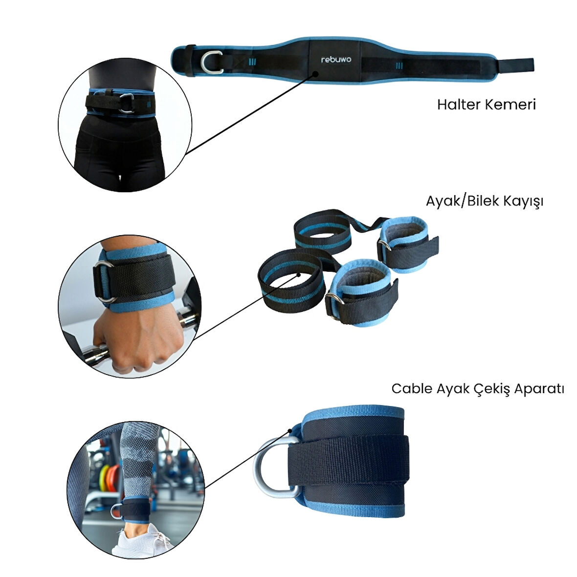 Rebuwo 3'lü Fitness Seti | Halter Kemeri(90 cm) + Ayak/Bilek Kayışı + Cable Ayak Çekiş Aparatı